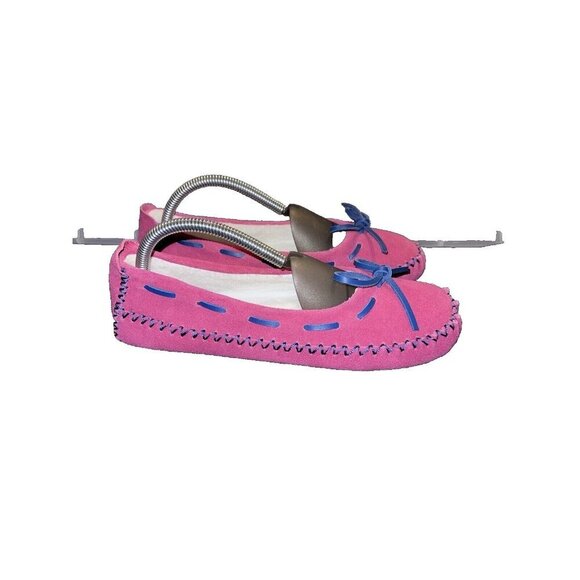 THE VERMONT COUNTRY STORE Moccasin Slippe Pink Magenta Suede Shearling Lined 8 - Picture 1 of 14